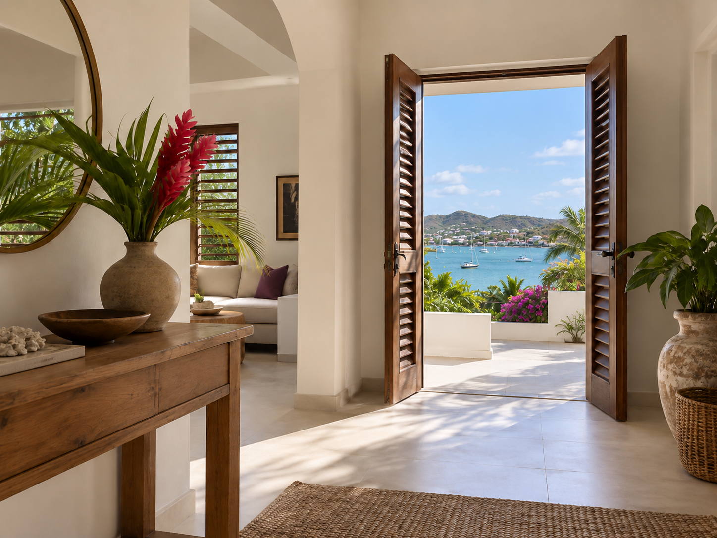 A warm Sint Maarten home interior opening to a view of Simpson Bay Lagoon